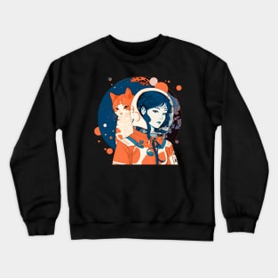 Cat & Girl in Space Fantastic Retro 70s Cat Lover Crewneck Sweatshirt